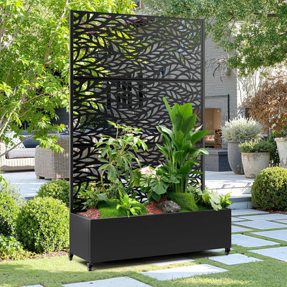 15.7"×70.9"×47.2" Metal Raised Garden Bed with Trellis and Wheels - Tall Trellis Planter Box for Climbing Plants, Vegetables & Vines - Outdoor Privacy Planters for Patio (Black-Spring)