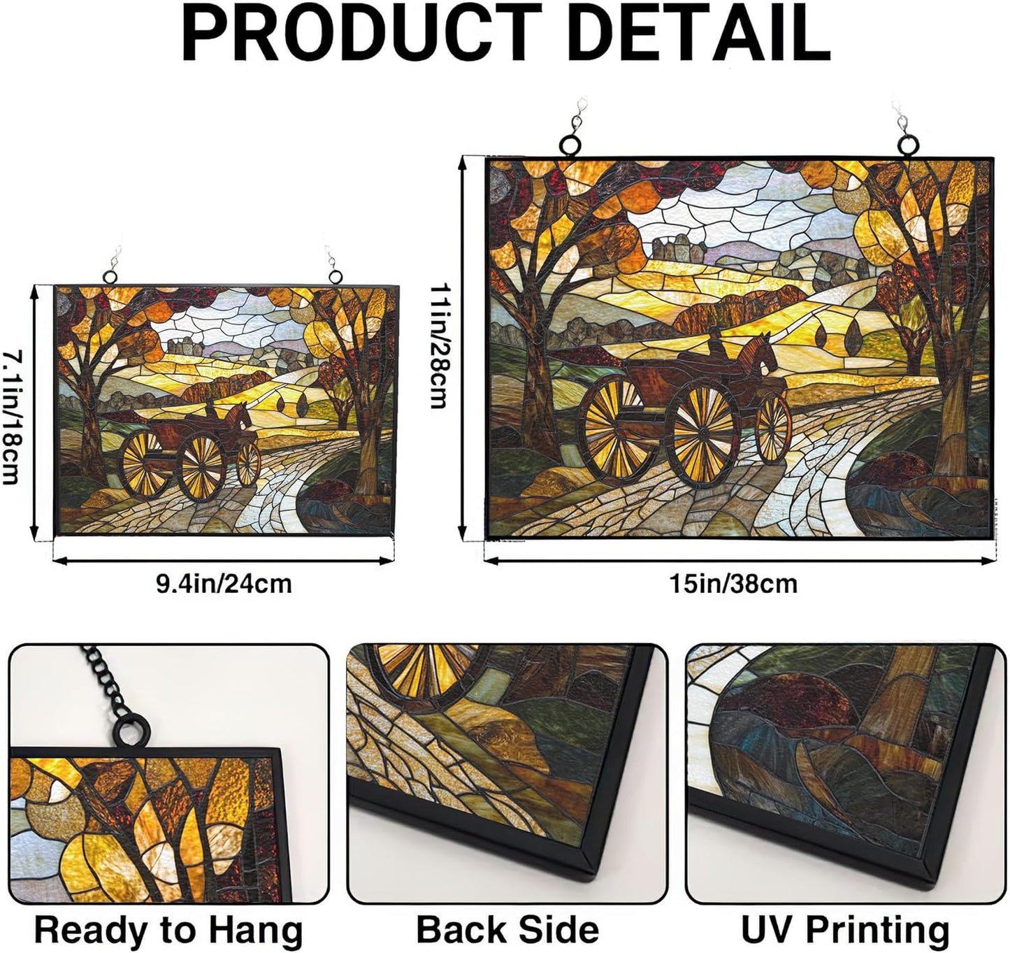 Personalized Rectangle Art Nouveau Carriage Road Suncatchers for Windows, Stained Glass Window Hangings,Hand-Painted Glass Panel Perfect for Home Décor