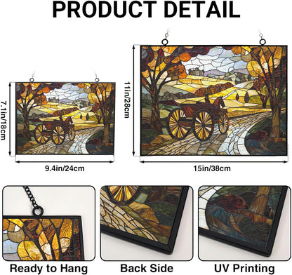 Personalized Rectangle Art Nouveau Carriage Road Suncatchers for Windows, Stained Glass Window Hangings,Hand-Painted Glass Panel Perfect for Home Décor