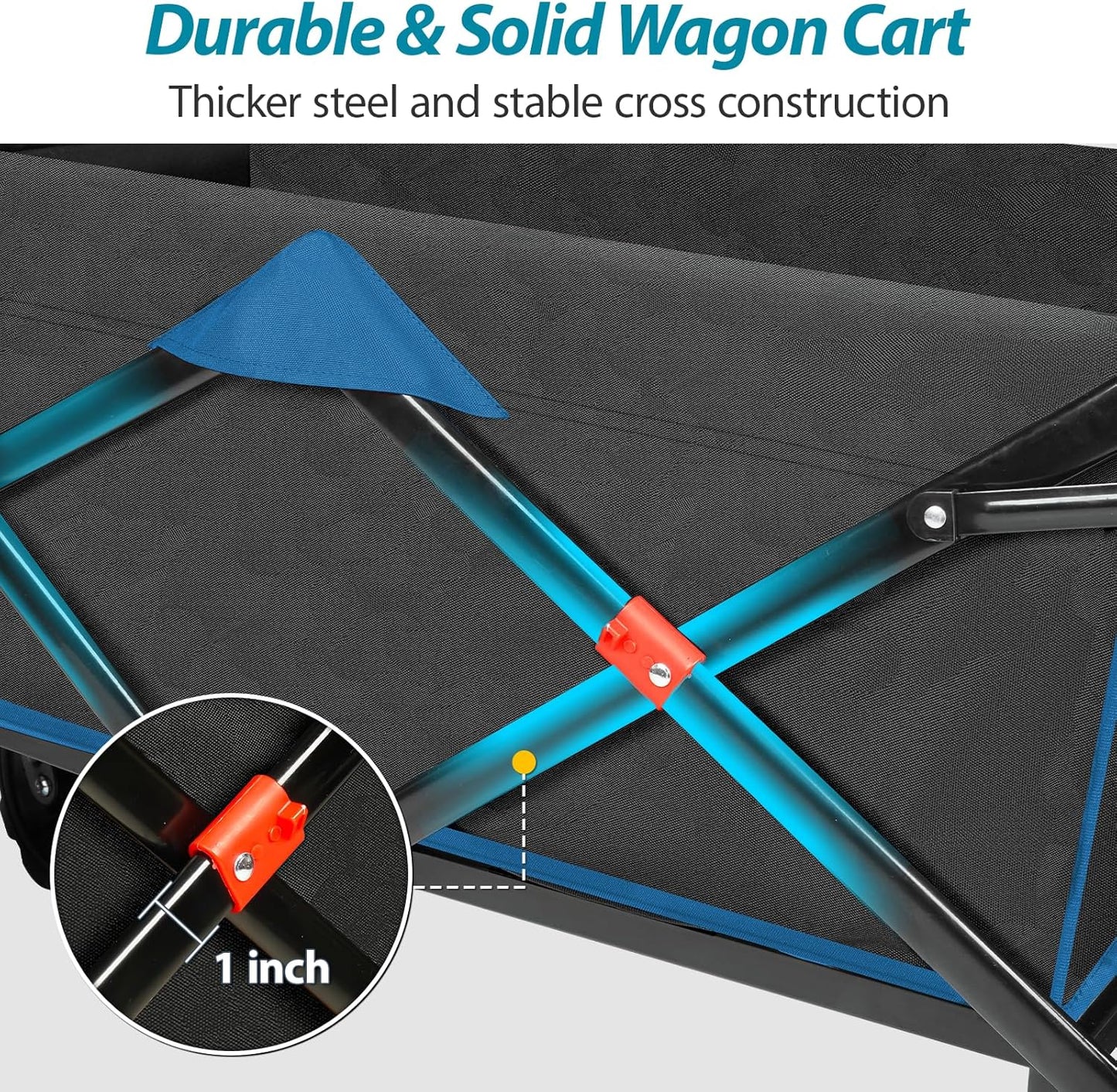 Taifa Foldable Collapsible Wagon Cart with Extra Push Pull Handle, Heavy Duty Portable Folding Beach Utility Grocery Wagon Cart with Big Wheels and Brakes for Sand, Camping, Shopping, Black and Blue