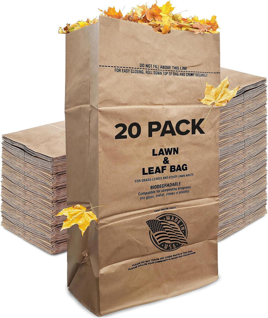30 Gallon Kraft Lawn and Leaf Bags (20 Pack) Eco-Friendly Heavy Duty Large Paper Trash Bags, Made