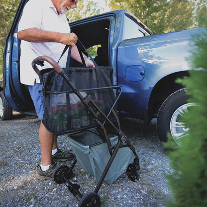 Strolee Personal Luxury Folding Shopping Cart On Premium Wheels – Ultra Lightweight Aluminum Frame – Removable Shopping Bag with Carry Strap & Lower Grocery Storage 75Lbs Capacity (Sage v2)