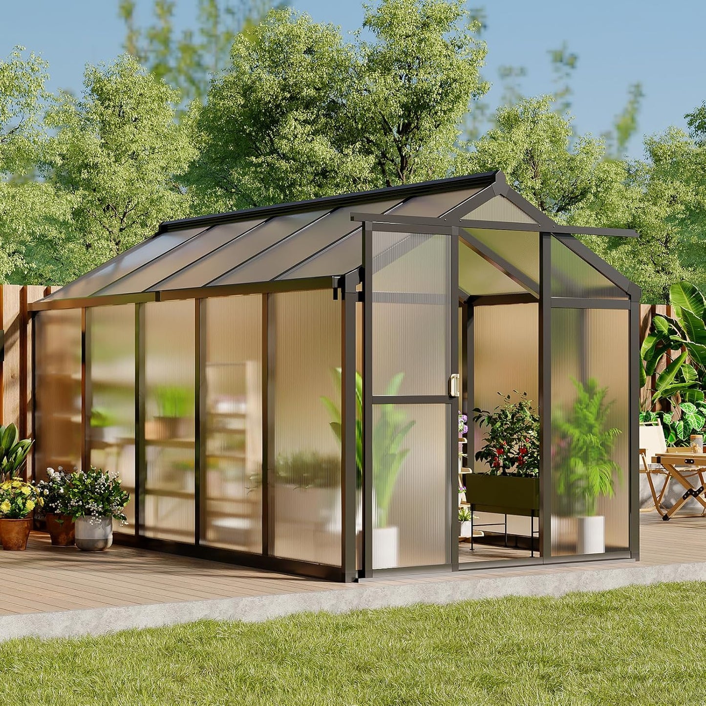 6 x 10 ft Greenhouse, Greenhouses for Outside, Polycarbonate Greenhouse with Aluminum Frame, Lockable Door and Ajustable Roof Vent for Backyard, Green Houses for Outside Garden Backyard, Patio