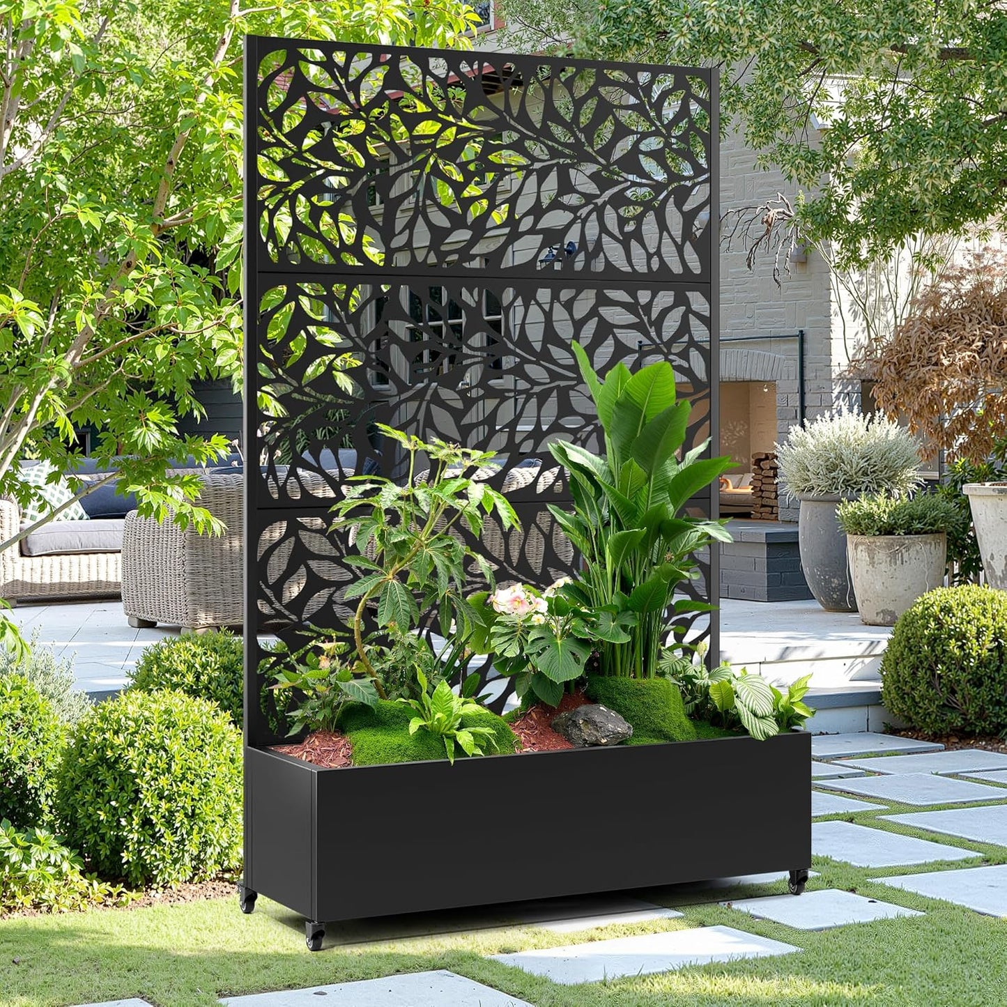 15.7"×70.9"×47.2" Metal Raised Garden Bed with Trellis and Wheels - Tall Trellis Planter Box for Climbing Plants, Vegetables & Vines - Outdoor Privacy Planters for Patio (Black)