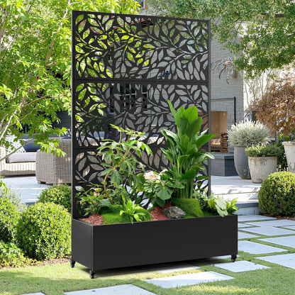 15.7"×70.9"×47.2" Metal Raised Garden Bed with Trellis and Wheels - Tall Trellis Planter Box for Climbing Plants, Vegetables & Vines - Outdoor Privacy Planters for Patio (Black)