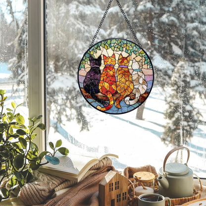 Cat Stained Glass Window Hanging Suncatchers, Cat Mom Lovers Owner Gifts Sun Catchers Indoor Window Glass Wall Art Decor, Cats Wall Hanging Decorations Sculptures, 7.9x7.9in