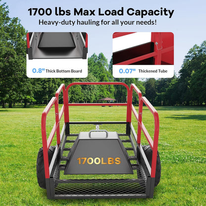 1700 LBS Steel ATV UTV Trailer Tow Behind Dump Cart, Heavy Duty Pull Behind Utility Dump Trailer for Lawn Mower Trailer Tractor Garden Yard with Removable Rear Panel