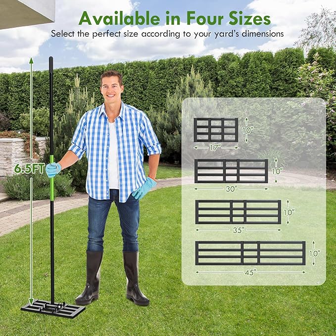 Seeutek Lawn Leveling Rake, 17” x 10” Lawn Leveler with 6.5FT Durable Handle Rakes for Lawns, 0-180° Adjustable Ground Leveler Tool for Yard, Level Soil Sand Dirt Surfaces