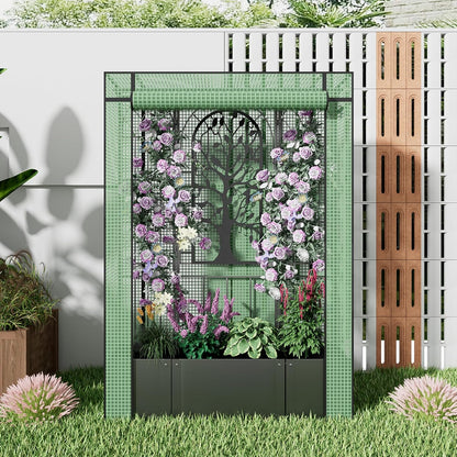 Metal Planter Box with Trellis and Cover, Raised Garden Bed with Trellis Privacy Screen, 62 inch Tall Planter Boxes for Climbing Plants, Flowers, Vegetables, Fruits, Balcony and Patio Decor (Black)