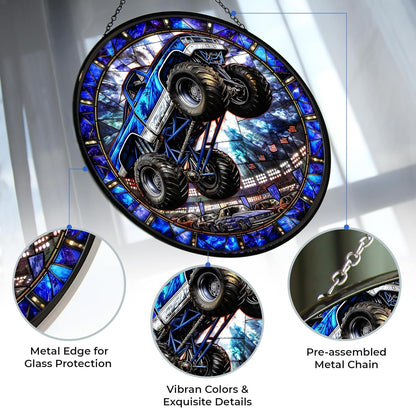 Monster Truck Stained Glass Window Hanging Window Suncatcher 12" Glass Panel with Metal Chain and Hooks Sun Catchers Indoor Wall Art Home Decor Gift for Women Mother's Day