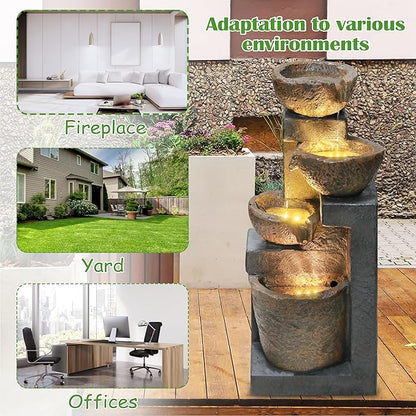 4-Tiers Cascading Bowls Outdoor Water Fountain with LED Light, Standing Cascading Water Feature, Faux Stacked Stones Waterfalls Fountains Decor for Garden Patio Yard and Lawn (Beige)