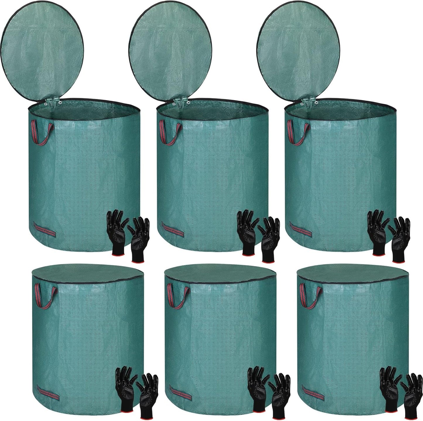 Eaasty 6 Pack 72 Gallon Leaf Bags Collapsible Lawn Bags Reusable Garden Bags Heavy Duty Yard Waste Bags Leaf Container with Zippered Lid Handle 6 Pairs Gardening Gloves for Cleaning Debris Trash