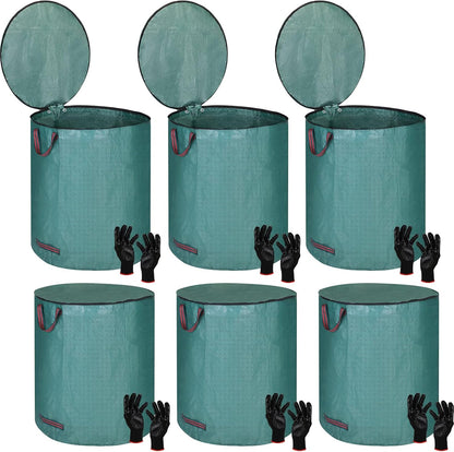 Eaasty 6 Pack 72 Gallon Leaf Bags Collapsible Lawn Bags Reusable Garden Bags Heavy Duty Yard Waste Bags Leaf Container with Zippered Lid Handle 6 Pairs Gardening Gloves for Cleaning Debris Trash