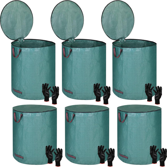 Eaasty 6 Pack 72 Gallon Leaf Bags Collapsible Lawn Bags Reusable Garden Bags Heavy Duty Yard Waste Bags Leaf Container with Zippered Lid Handle 6 Pairs Gardening Gloves for Cleaning Debris Trash