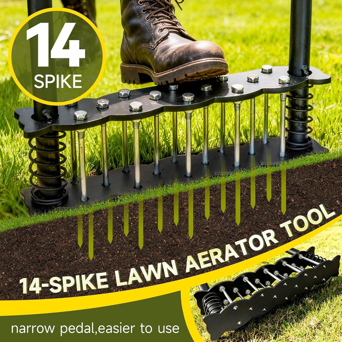 Upgraded Lawn Aerator Tool with 14 Steel Spikes, Hand Grass Aerator Spike Tool Manual Lawn Aerators with Spring-Loaded Design&Automatic Leaf and Dirt Cleaning for Yard, Garden Black
