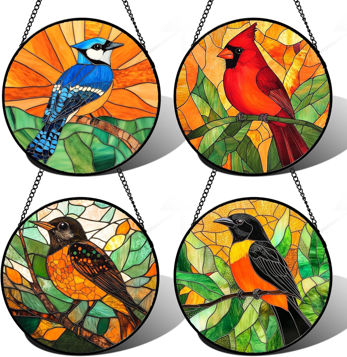 Stained Glass Window Hanging 4 Pcs Set Birds 9.8" - Cardinal Blue Jay Suncatcher Door Garden Sun Catcher Decor Birthday Christmas for Bird Lovers Mom Woman Nana Men
