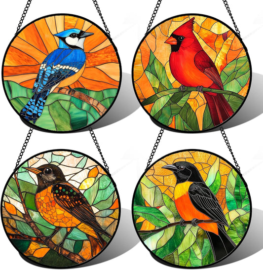 Stained Glass Window Hanging 4 Pcs Set Birds Large 11.8" - Cardinal Blue Jay Suncatcher Door Garden