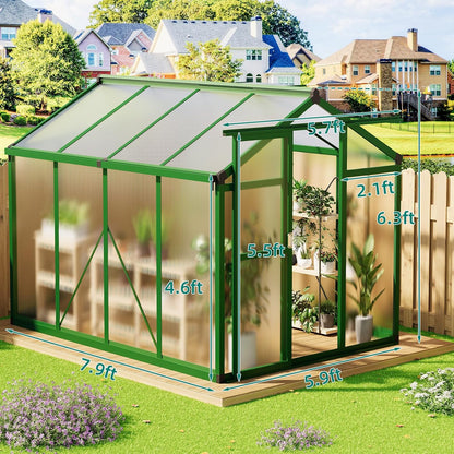 6x8 FT Greenhouse for Outdoors, Aluminum Greenhouse with Quick Setup Structure and Roof Vent, Polycarbonate Greenhouses Heavy Duty, Large Walk-in Green House for Winter Garden, Backyard, Patio, Lawn