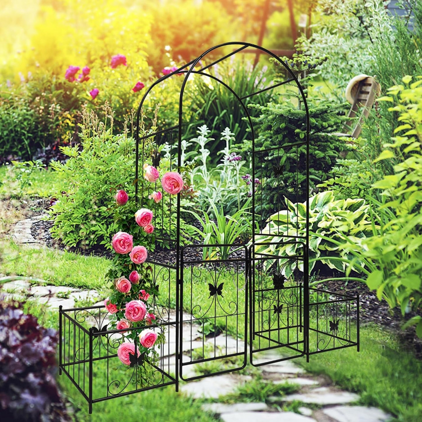 Metal Garden Arch with Gate and 2 Plant Stands, Garden Arch Trellis for Climbing Plants Outdoor, Garden Arbor for Weddings Party Events Decoration, 79.5" L X 20" W X 86.6" H, Black