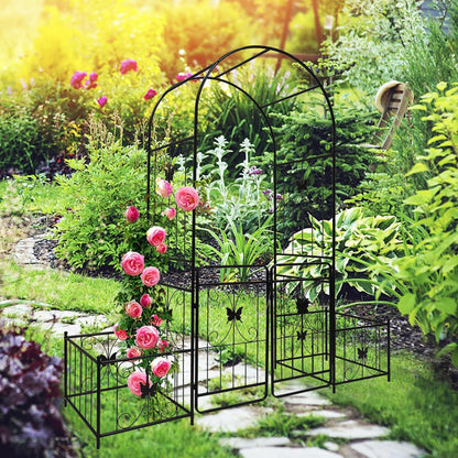 Metal Garden Arch with Gate and 2 Plant Stands, Garden Arch Trellis for Climbing Plants Outdoor, Garden Arbor for Weddings Party Events Decoration, 79.5" L X 20" W X 86.6" H, Black