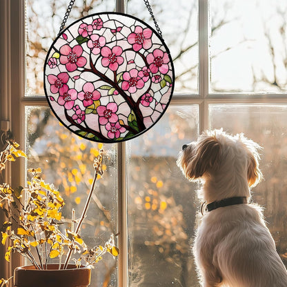 Stained Glass Window Hanging - Cherry Blossoms Birth Flower Suncatcher for Door Garden Patio Sun Catchers Decor Christmas Mother's Day Birthday Gifts for Women Mom Nana Friend Wife 6.3 in