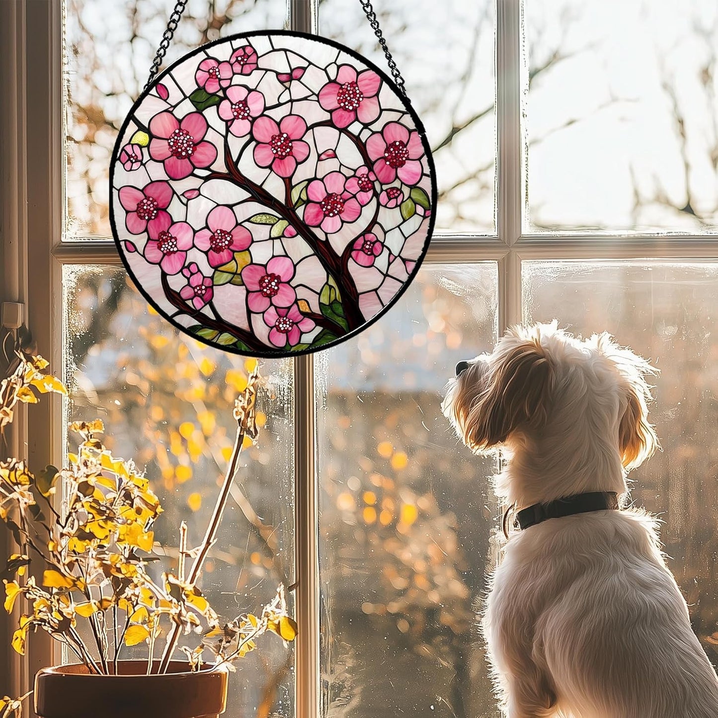Stained Glass Window Hanging - Cherry Blossoms Birth Flower Suncatcher for Door Garden Patio Sun Catchers Decor Christmas Mother's Day Birthday Gifts for Women Mom Nana Friend Wife 11.8 in
