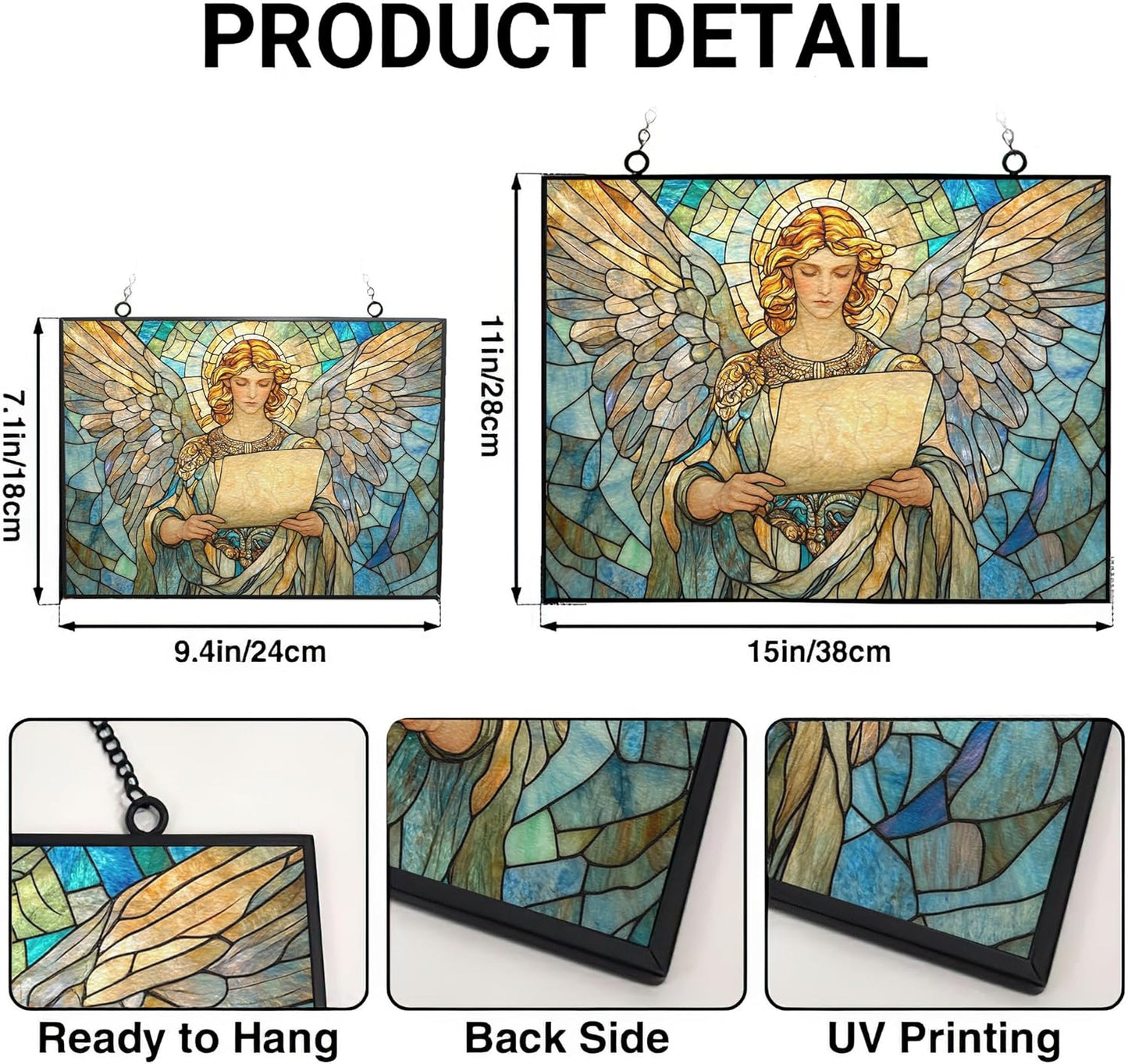 Personalized Rectangle Art Nouveau Archangel Scroll Stained Glass Suncatcher Stained Glass Window Hanging Home Decor Garden Halloween Christmas Wedding Housewarming Gifts