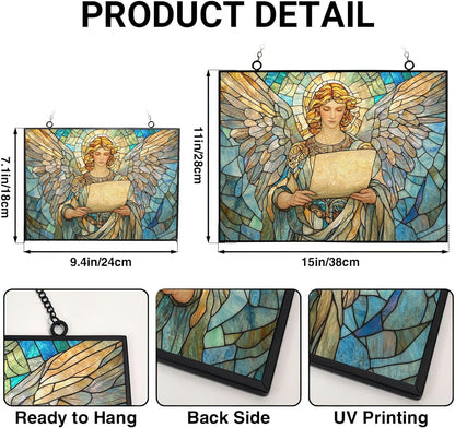 Personalized Rectangle Art Nouveau Archangel Scroll Stained Glass Suncatcher Stained Glass Window Hanging Home Decor Garden Halloween Christmas Wedding Housewarming Gifts