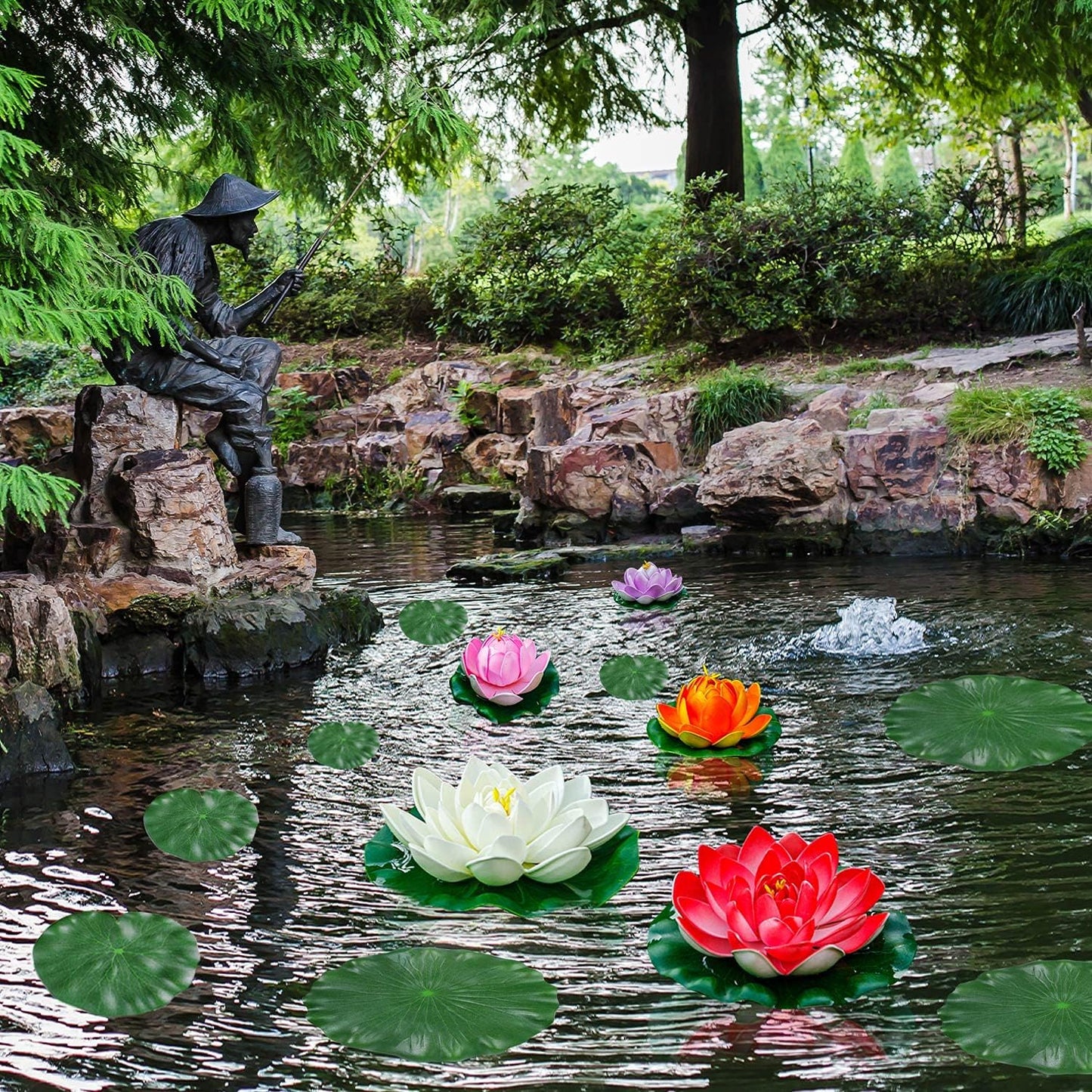Artificial Lily Pads for Pond, 11in & 6in Artificial Flowers Floating Foam Lotus Flower with Fake Lily Pads, for Pool Garden Koi Fish Pond Aquarium Pool Wedding Decor, 14PCS