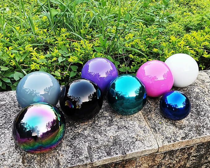Purple Gazing Globe Mirror Ball in Stainless Steel, Shiny Hollow Sphere Sparkling Housewarming Outdoor Party Ornament (Purple, 8 inches)