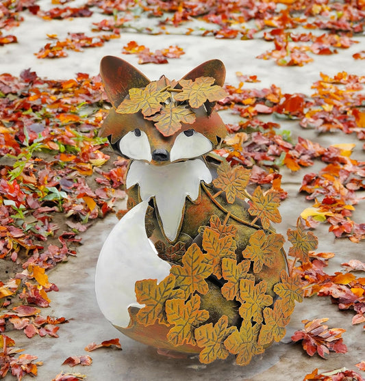 coolboy Garden Metal Fox Outdoor Statues,Interesting Maple Leaf Fox Sculpture for Patio Lawn Home