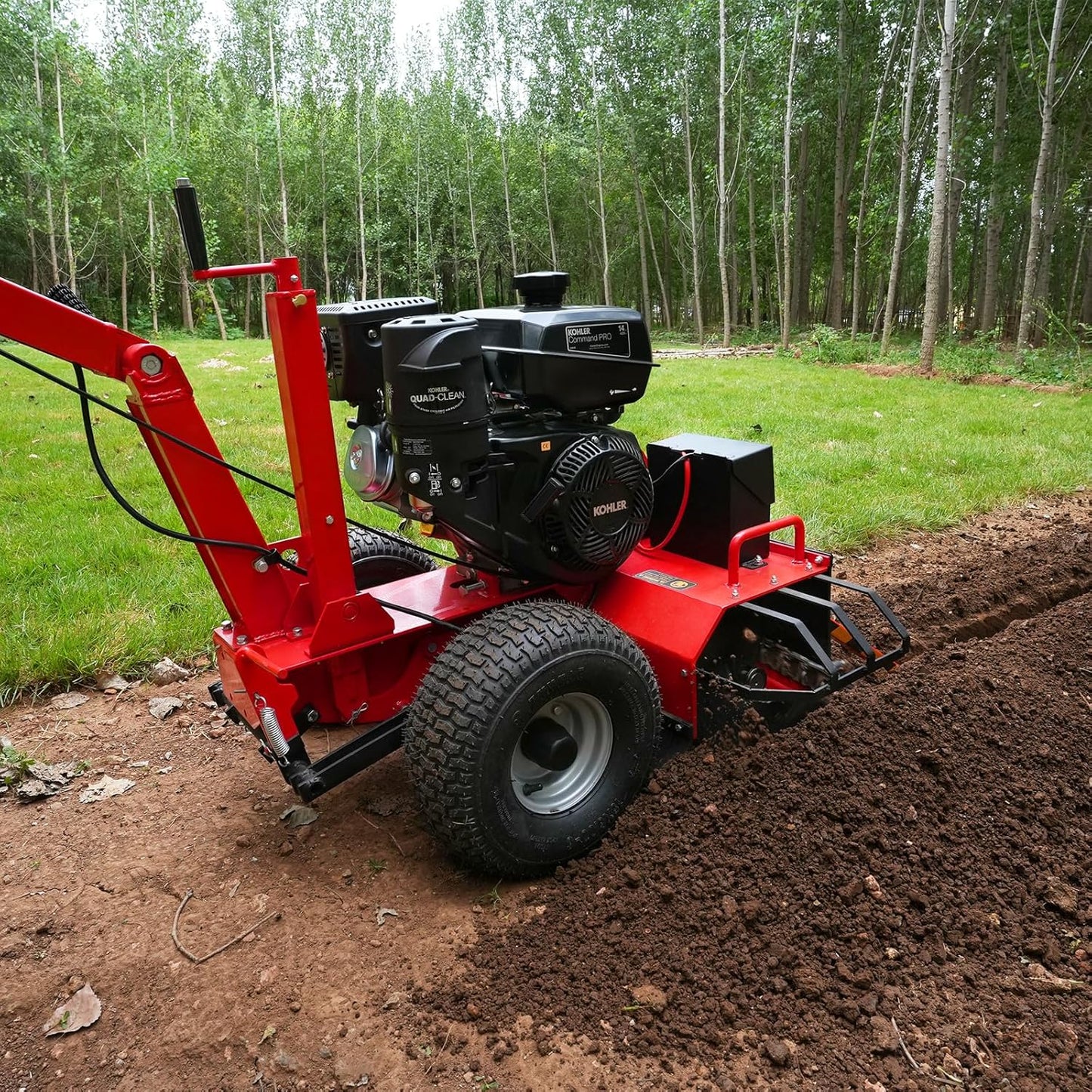 429cc 14HP Kohler Gas Powered E-Start Cable Ditching Mini Trencher,24'' Trench Depth, 27pcs Carbide Alloy High-Pressure Teeths,TCR1500 (Red)