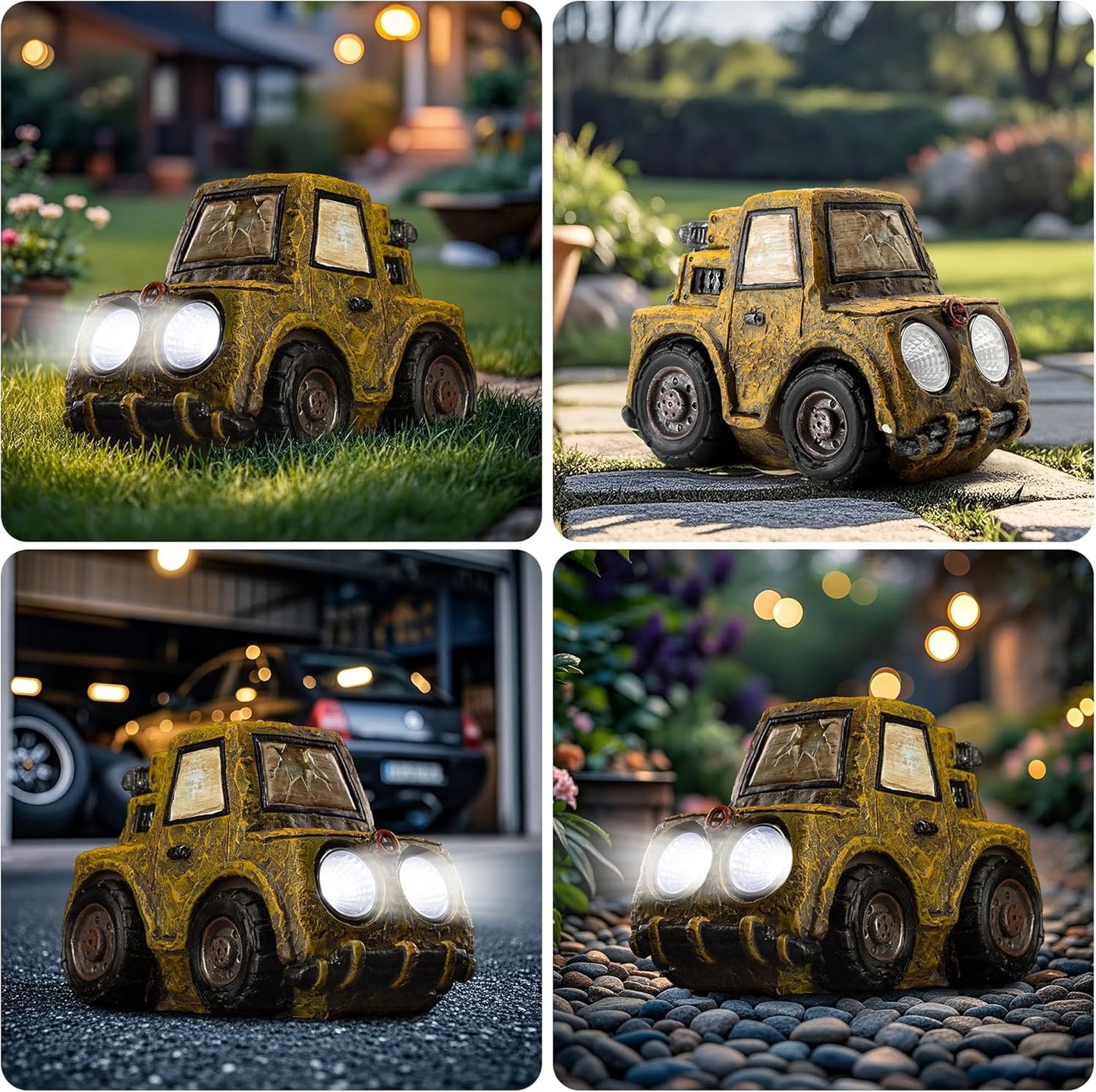 Garden Statue Outdoor Solar Car Decor with LED Light Vintage Resin Sculpture Construction Vehicle Rustic Decoration for Lawn Patio Yard Gifts for Women