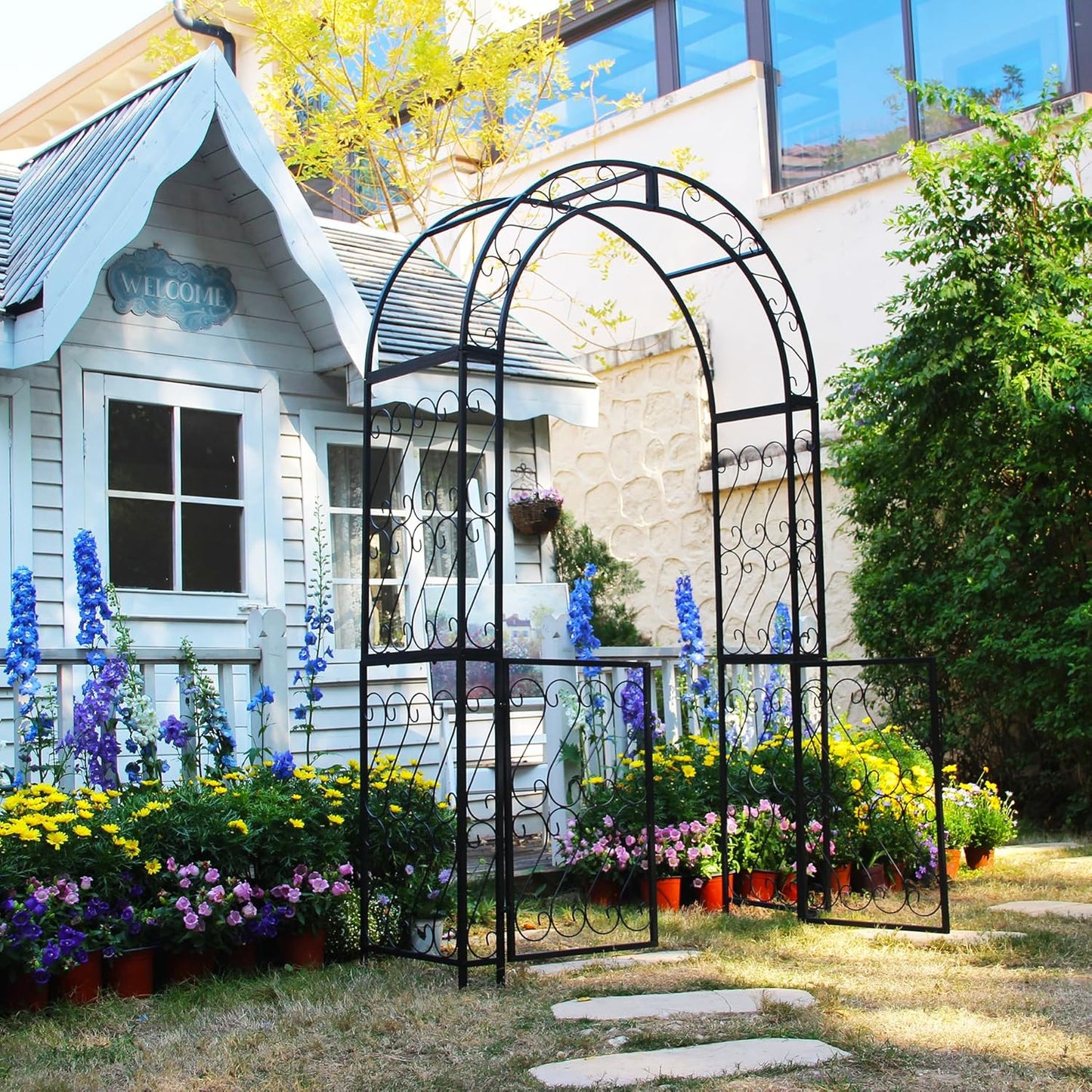 SCENDOR Heavy-Duty Arbor with Gate 48.8" W x 83.5" H, Iron Arch Trellis Arbor Archway for Climbing Plants Roses Vines Support Rack, Outdoor Lawn Backyard Patio Wedding Party Ceremony Decoration