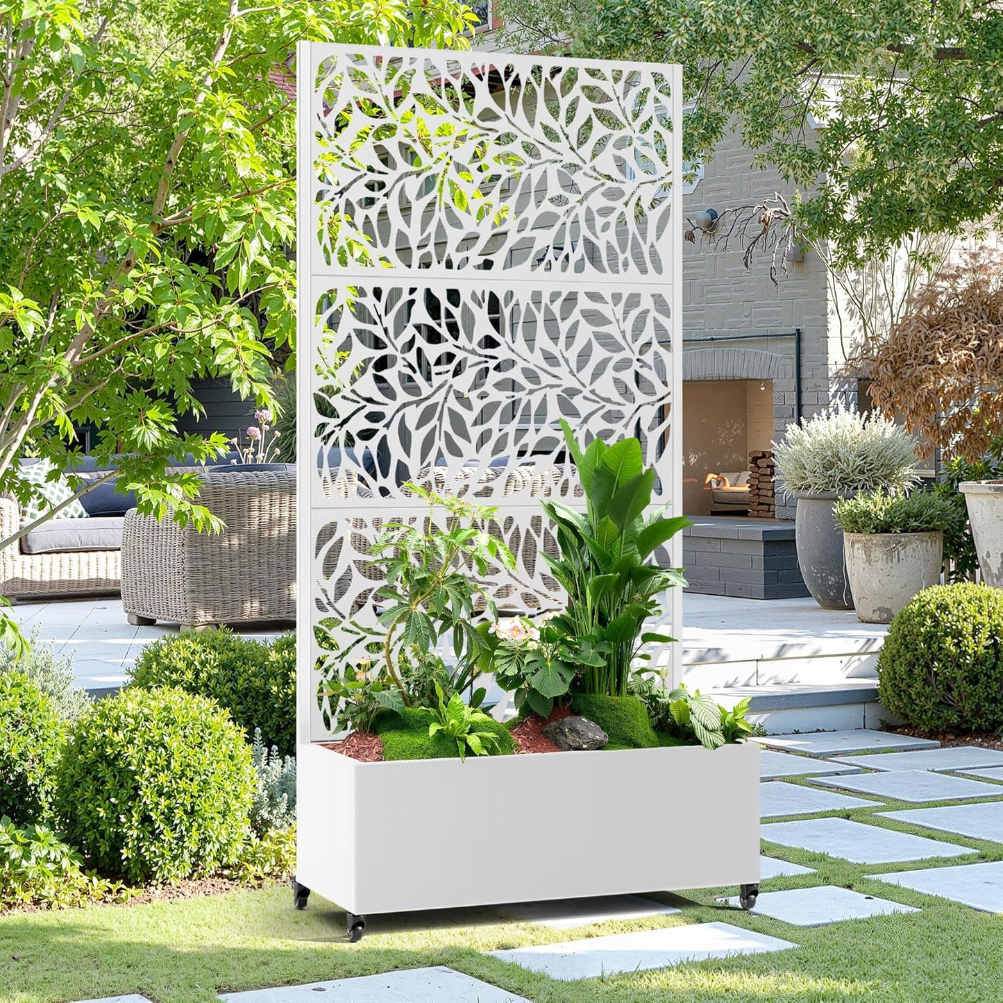 15.7"×70.9"×35.4" Metal Raised Garden Bed with Trellis and Wheels - Tall Trellis Planter Box for Climbing Plants, Vegetables & Vines - Outdoor Privacy Planters for Patio (White)