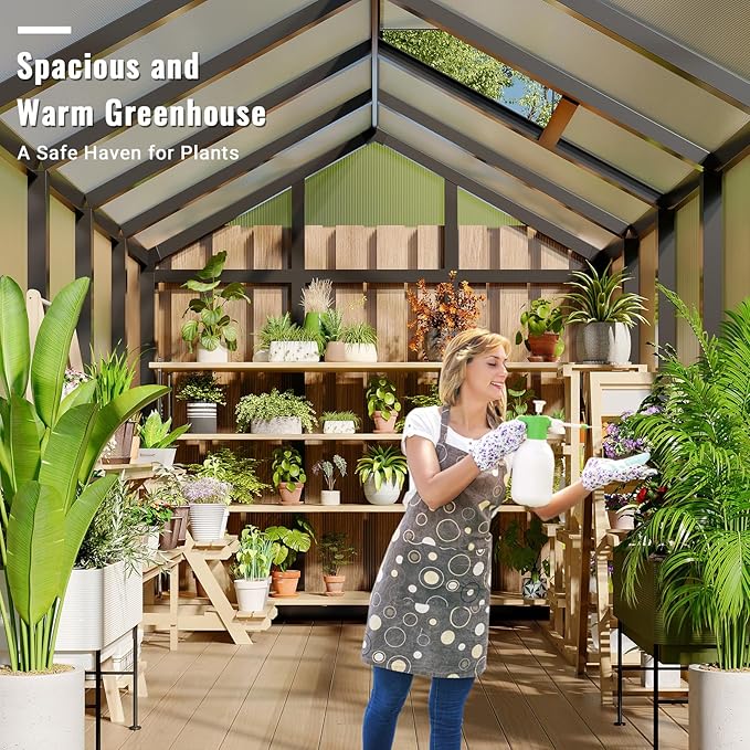6x10 FT Greenhouse, Easy Assembly Aluminum Polycarbonate Greenhouses for Outdoors with Roof Vent, Large Aluminum Walk-in Greenhouse for Sunroom Patio, Backyard, Garden, Sliding Lockable Door, Black