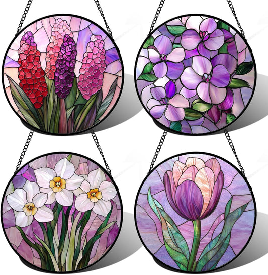 Stained Glass Window Hanging 4 Pcs Set Purple Flower Theme 6.3" - Tulip Suncatcher Door Garden Sun