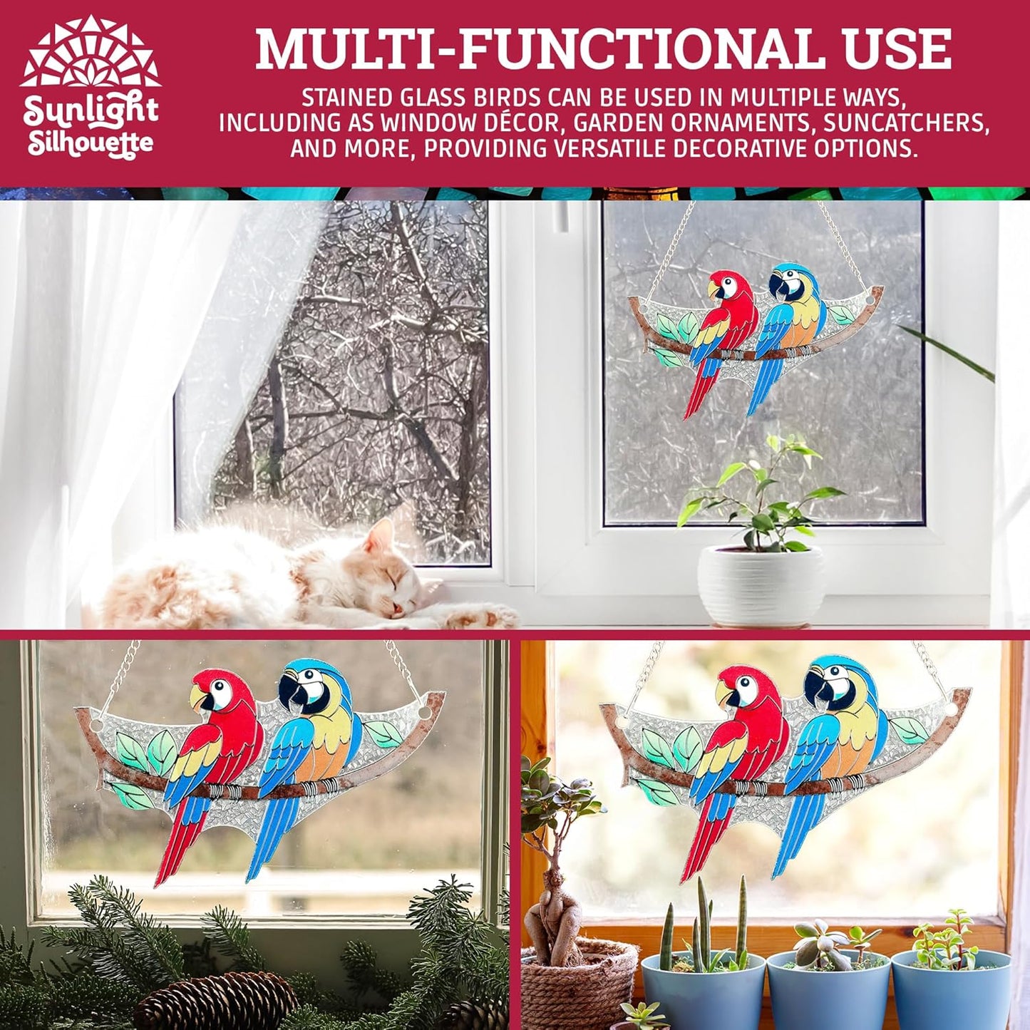 Macaw Bird Stained Glass Suncatcher on Branch 6.4" x 4" Indoor Window Decoration, Ideal Gift for Bird Lovers