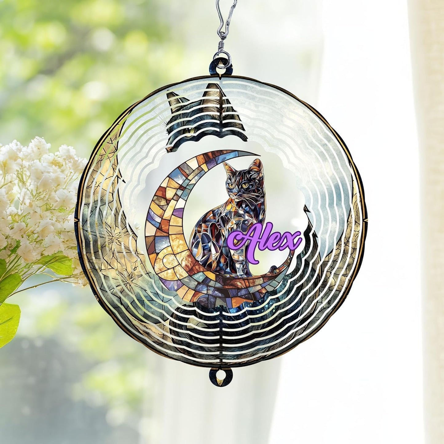 Personalized Cat & Moon Wind Spinner 3D Stainless Steel, Cat Garden Spinner Hanging Outdoor Decor, Wind Spinners Outdoor, Custom Gift for Grandmother, Mom, Wife