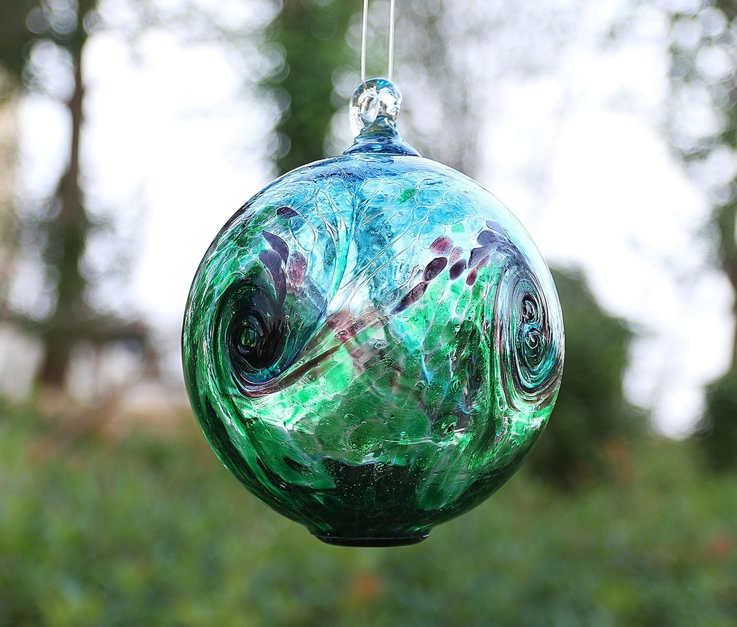 4.6-Inch Solar Hanging Glass Gazing Ball Outdoor Garden Décor Aqua-Green Swirl