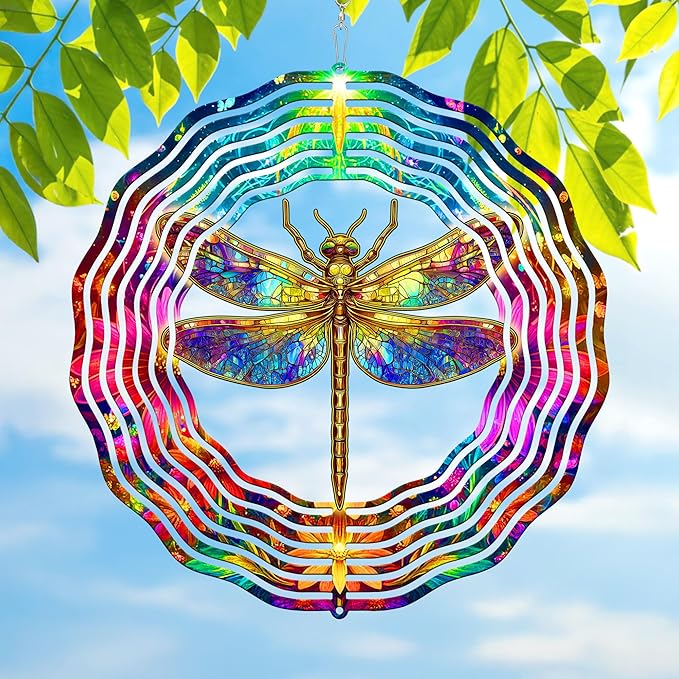 FLAGWIX Christmas Dragonfly Gifts for Women - 3D Stainless Steel Metal Wind Spinners 12 in - Dragonfly Wind Spinners Outdoor, Yard Garden Decor for Outside, Christmas Garden Gifts for Mom Grandma