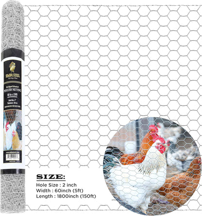 Chicken Wire 60 in x 150 FT x 2” Mesh x 20GA | Poultry Wire Netting | Hot Dipped Galvanised | Hexagonal Galvanized Mesh for Chicken Coop, Rabbit Cage, Fence Barrier PM60x150x2