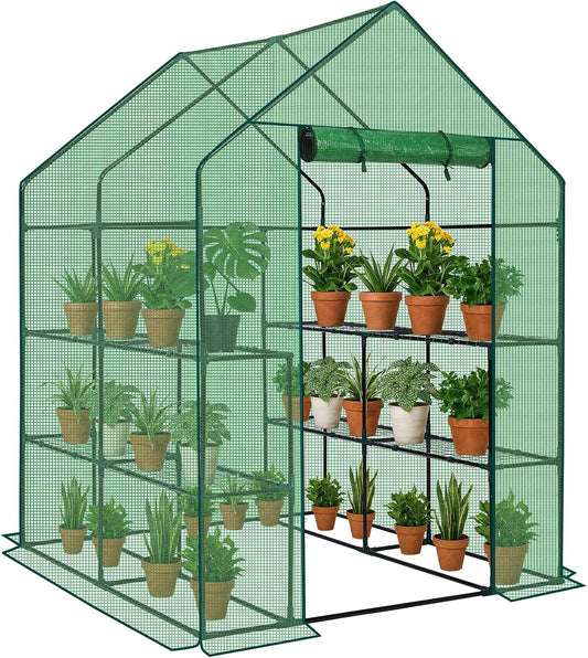 Outvita Walk-in Greenhouse, Outdoor Durable PE Plant Green House for Frost Protection with 3 Tiers 8 Shelves, Shelf Clips, Roll-up Zipper Door, 56"x56"x77" Green