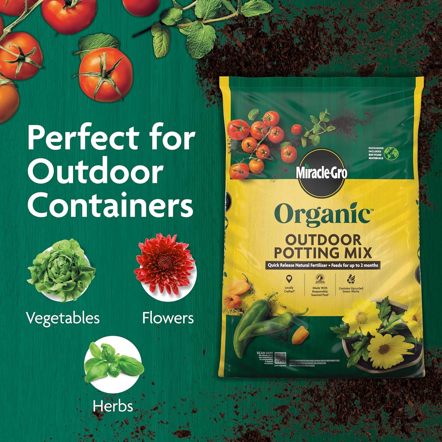 Miracle-Gro Organic Outdoor Potting Mix, for Outdoor Container Plants, Contains Quick-Release Natural Fertilizer, OMRI Listed, 16 qt.