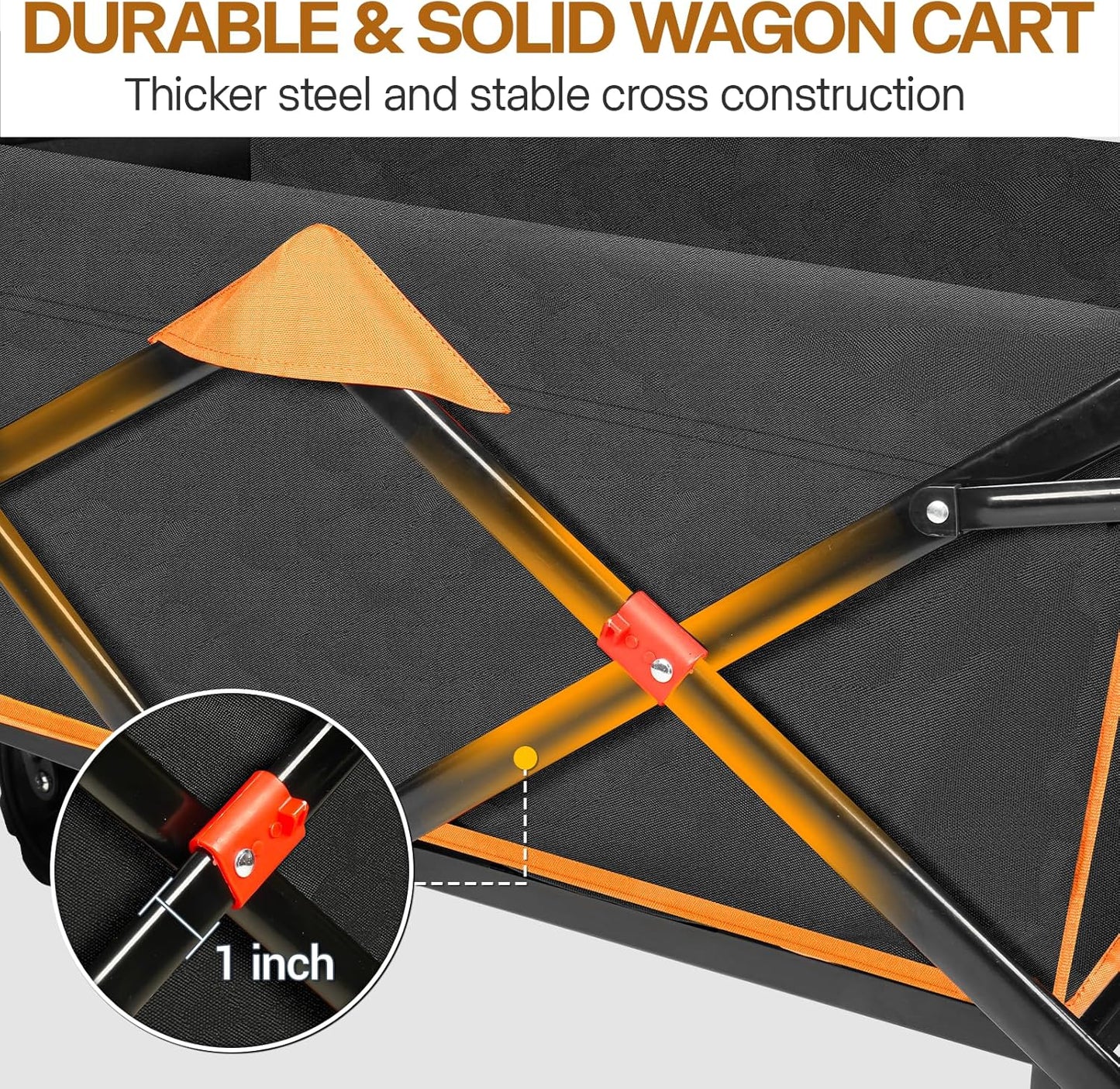 Taifa Foldable Collapsible Wagon Cart with Extra Push Pull Handle, Heavy Duty Portable Folding Beach Utility Grocery Wagon Cart with Big Wheels and Brakes for Sand, Camping, Shopping, Black and Orange
