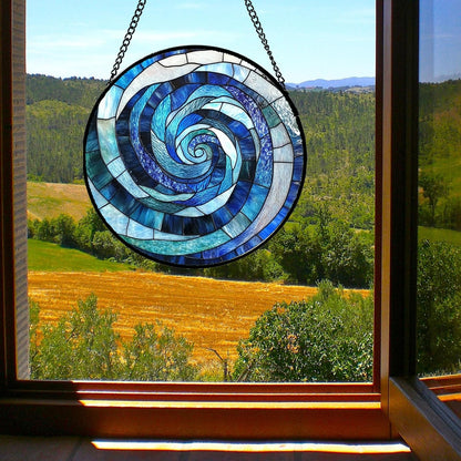 Stained Glass Window Hanging - Blue Abstract Swirl Suncatcher for Doors Garden Patio Unique Sun Catchers Decor Christmas Mother's Day Birthday Gifts for Women Men Mom Nana Friend 6.3 in