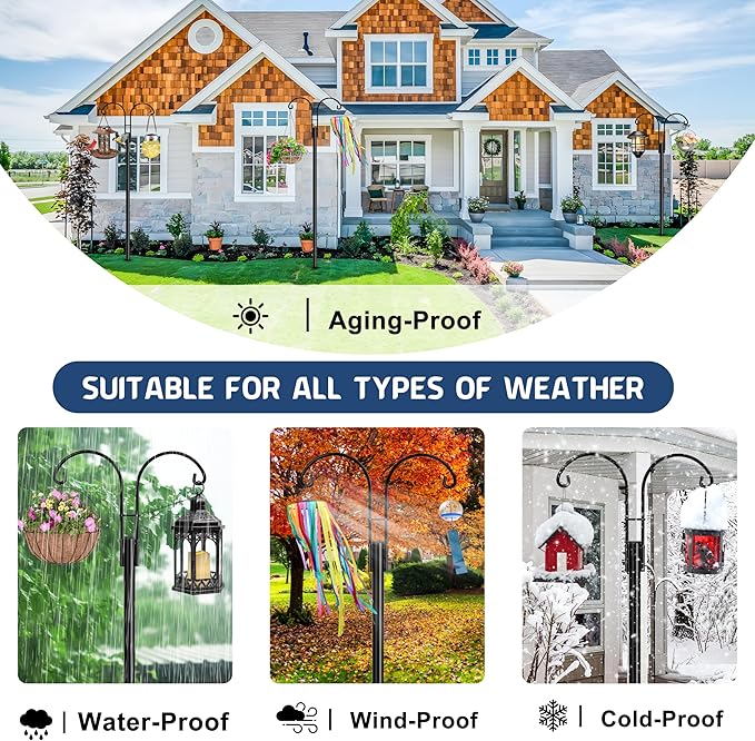 Ottsuls Bird Feeder Pole, 2 Pack 76 INCH Double Shepherds Hooks for Outdoor, Garden Pole with 5 Base Prongs Heavy Duty Planter Hooks for Hanging Plant Baskets, Lantern, Hummingbird Feeder