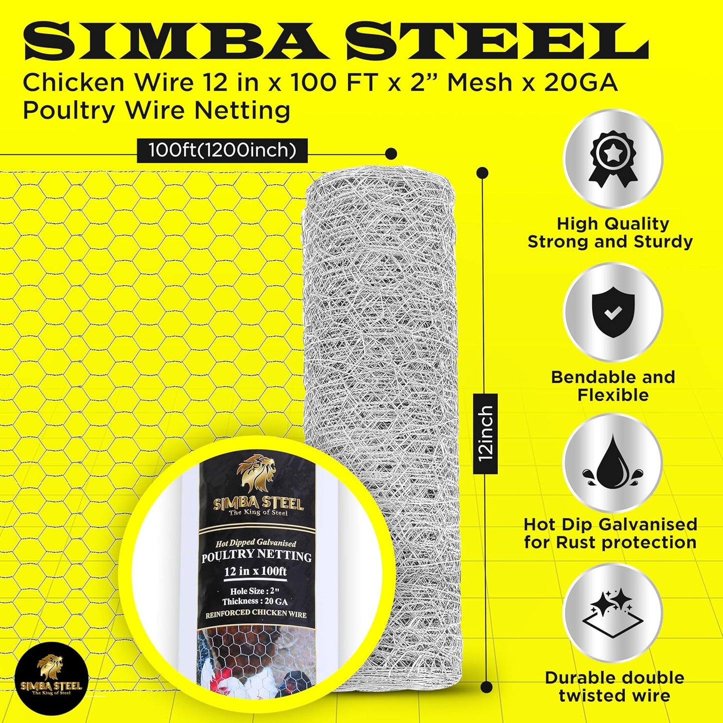 Chicken Wire 12 in x 100 FT x 2” Mesh x 20GA | Poultry Wire Netting | Hot Dipped Galvanised | Hexagonal Galvanized Mesh for Chicken Coop, Rabbit Cage, Fence Barrier PM12x100x2