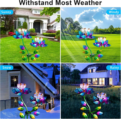 55'' Solar Powered Kinetic Wind Spinner Sculpture Blue Lotus Metal Stake Spinner for Patio, Lawn and Garden Decor Weather-Resistant Outdoor Art with Dual Lotus Design
