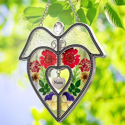 KY&BOSAM Angel Heart Suncatcher Nana Gifts Stained Glass Window Hangings Wind Chiem Ornament with Pressed Real Flowers Engraved and Metal Heart Charm Birthday Gifts for Women Mother’s Day Christmas